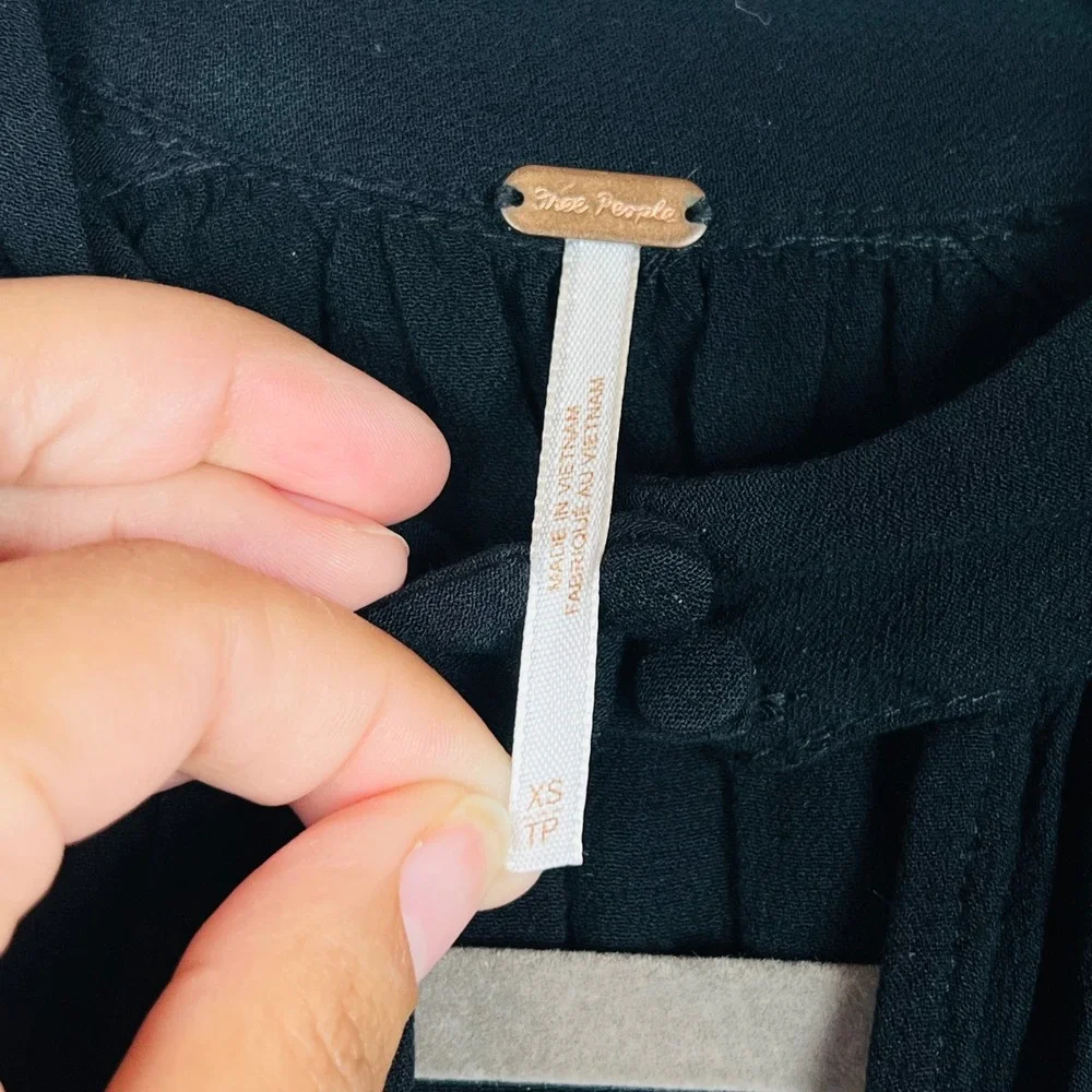 Free People Black Crochet Lace Ruffle Mock Neck Keyhole Blouse XS
